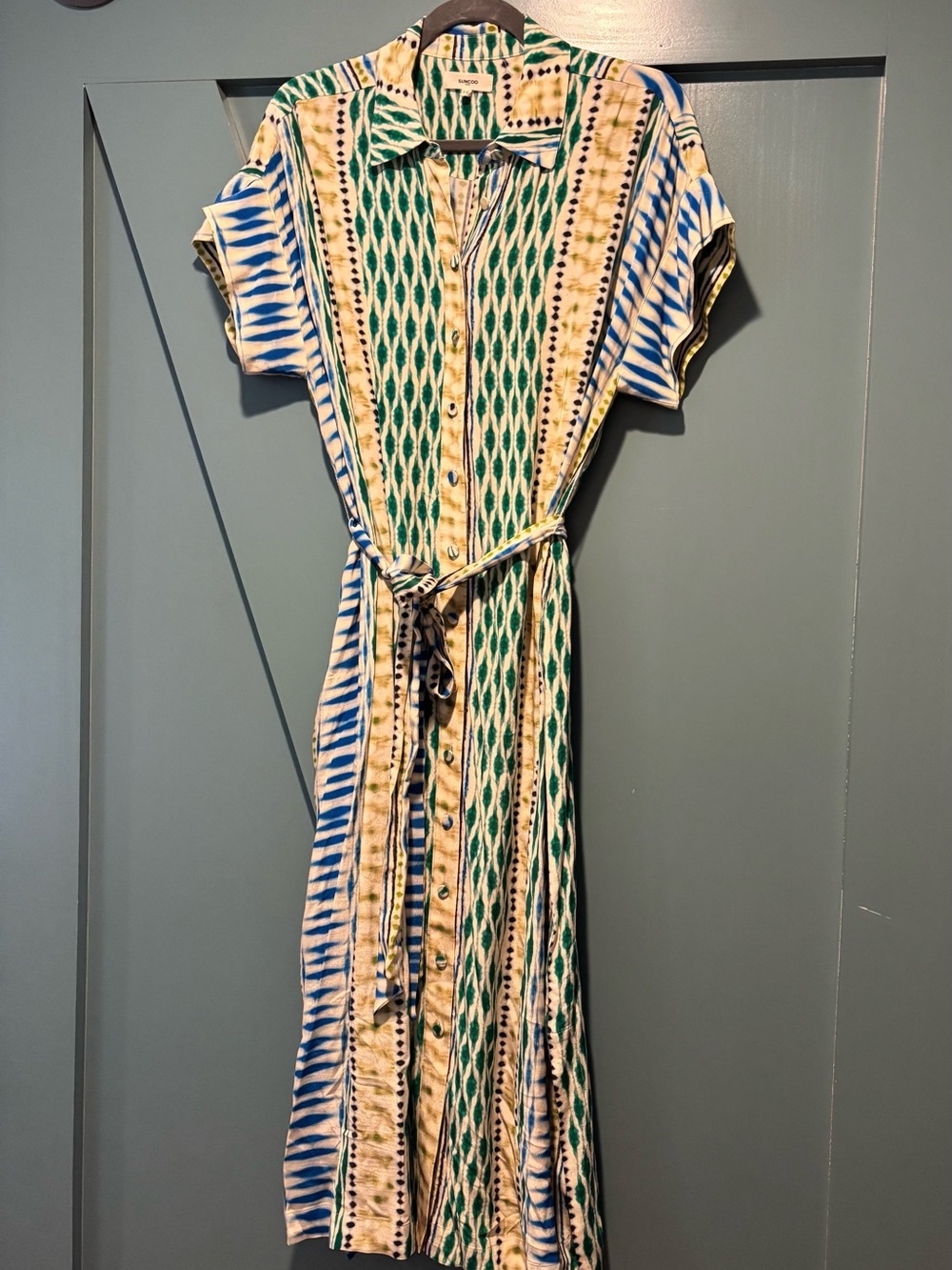 SUNCOO Print Dress in Blue, Green & Cream - New without tags